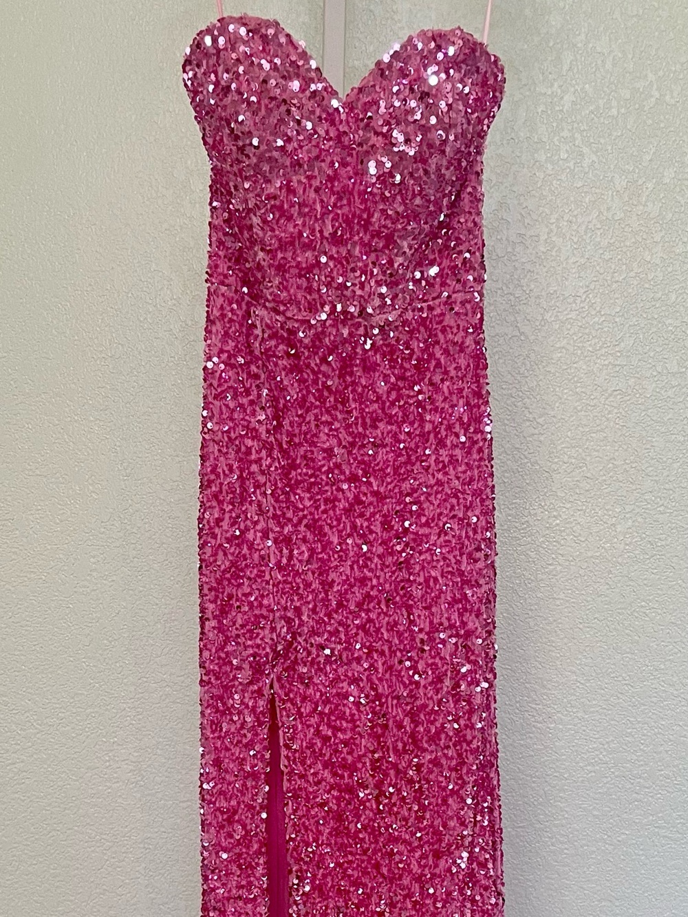 Portia and Scarlett Hot Pink Sequined High-Slit Prom Dress with Train